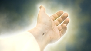 scarred hand of Jesus reaching out